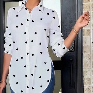 SHEIN White Button Down with Black Heart Pattern